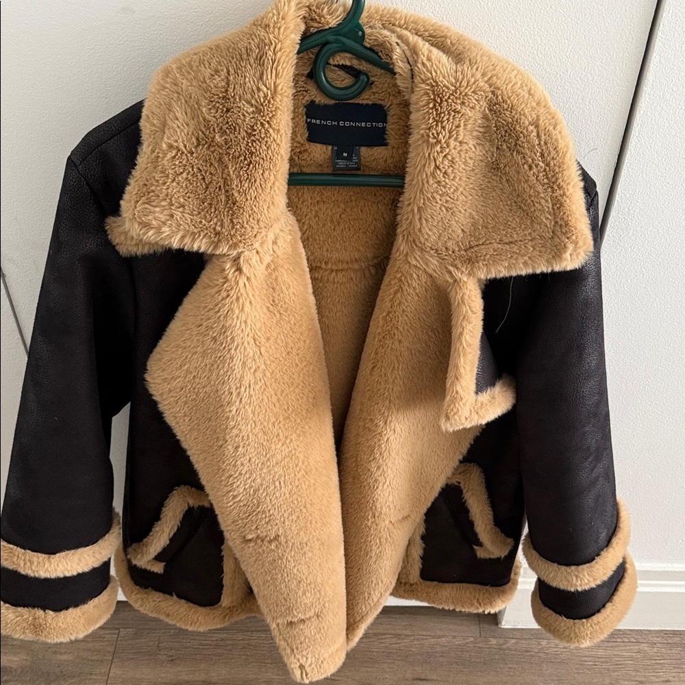 French Connection Women's Black and Tan Teddy Jacket